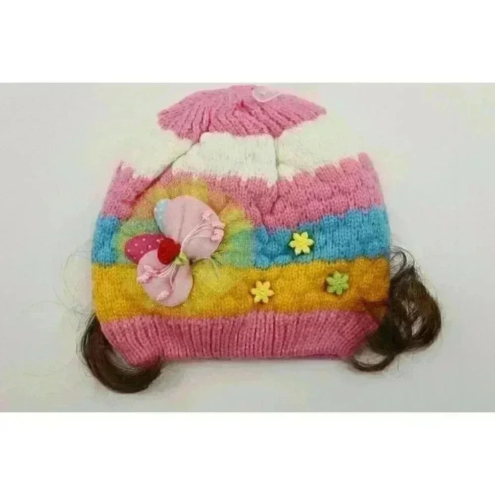 HAND knitted girl hat with knitted applique with beads for 3-6 year old. NEW.